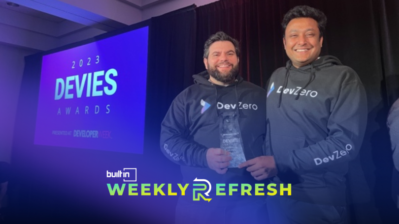 DevZero's co-founders onstage accepting their DEVIES award.