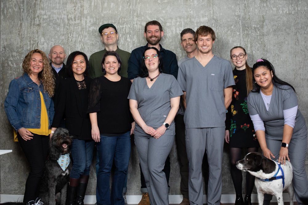 The Felix&Fido team stands in a group for a photo with two dogs.