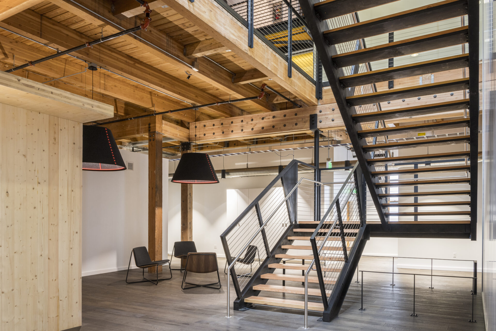 Meeting area with exposed wooden beams