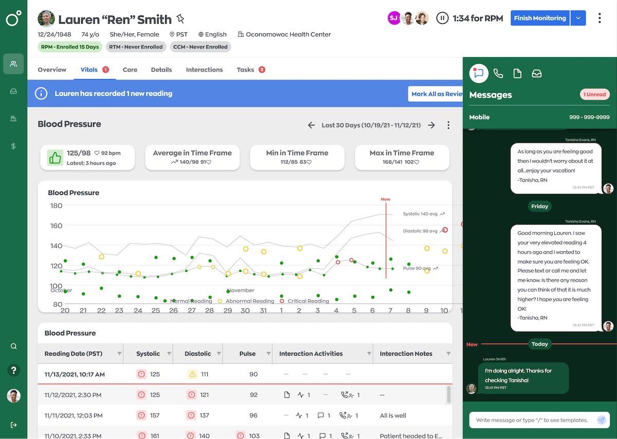 An example of Optimize Health's Remote Patient Monitoring product from a caregiver's point of view