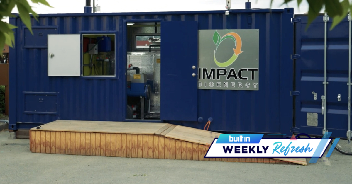A blue shipping container converted into Impact Bioenergy’s food waste energy unit