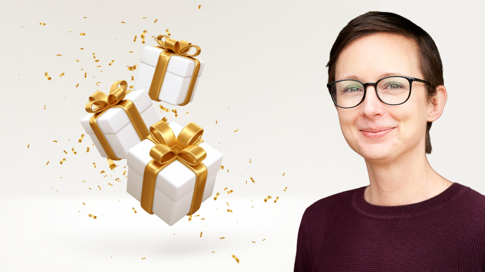 Give InKind's founder and CEO Laura Malcolm poses for a photo against a gift box background.