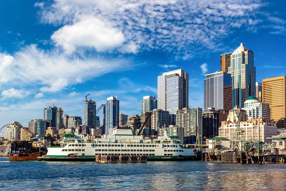 Panoramic view of Seattle cityscape at Elliott Bay in a sunny day, Washington, USA