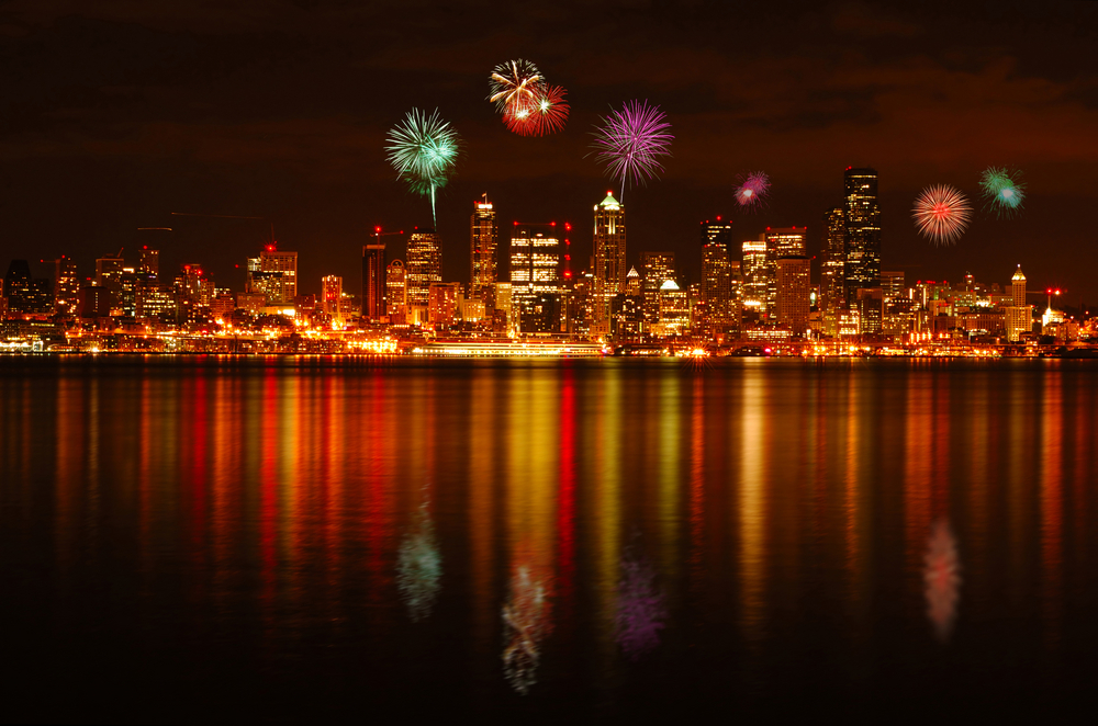 Seattle city skyline with fireworks