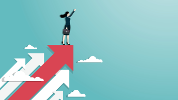 A woman rides an arrow upward into future career opportunities.