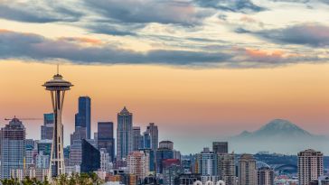 The Seattle skyline at sunrise.
