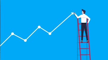 Illustration of a businessman standing on a ladder drawing an arrow line symbol in an upward direction 