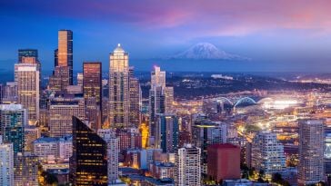 Downtown Seattle at sunset.