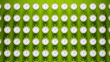 A grid of stopwatches on a lime green background