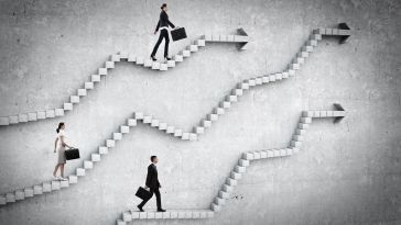 Business people walking up steps with an arrow at the end, climbing the career ladder
