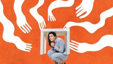 A photo of a business woman hiding in fear under her desk, collaged against an orange background with spooky illustrated white hands reaching toward her from every direction of the frame.