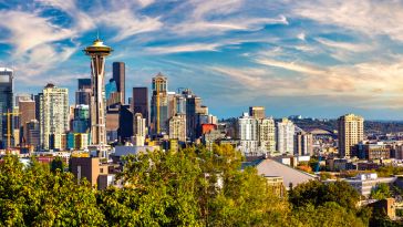 Panoramic view of Seattle cityscape at sunset