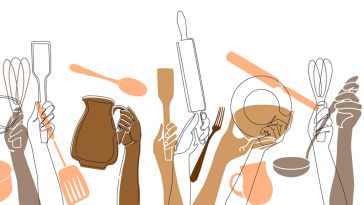 Illustration of hands holding different cooking utensils