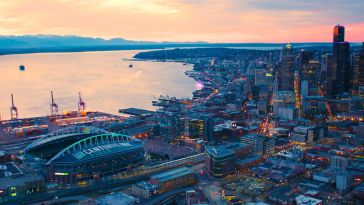 Aerial View Century Link Field and Downtown Seattle