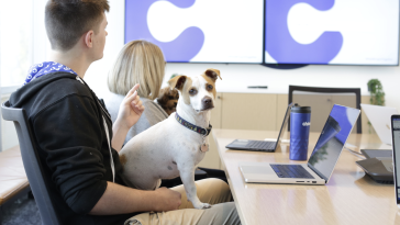 A dog sits in an employee's lap at the Chewy office.