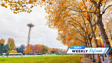 Seattle Space Needle surrounded by fall leaves