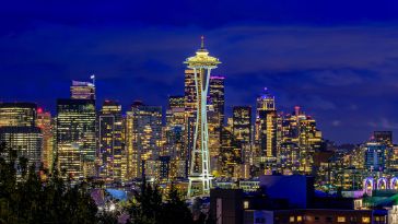 Downtown city skyline panoramic view with skyscrapers at sunset from Kerry Park in Seattle