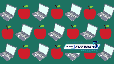 apples and laptops against a green background