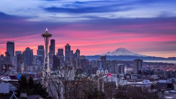 The Seattle skyline at sunrise.