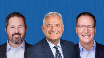 Earth Finance co-founders Garrett Kephart, Reuven Carlyle and Bryan Weeks against a blue striped background.