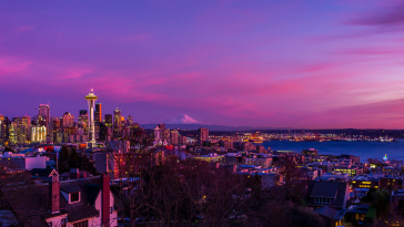 An evening photo of the Seattle skyline.