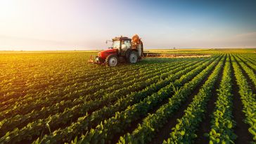 tractor moving across soybean field on a sunny day