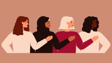 A graphic shows four women with a hand on each other's shoulders