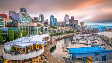 The Seattle pier and skyline at dusk.