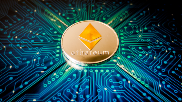 One Ethereum coin on a background of blue circuit board pattern
