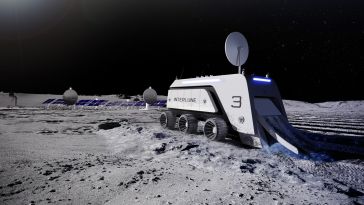 A rendering of Interlune's harvesting machine on the surface of the moon is pictured.