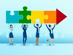 Illustration of diverse young women holding puzzle pieces shaped as an arrow