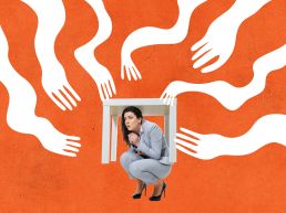 A photo of a business woman hiding in fear under her desk, collaged against an orange background with spooky illustrated white hands reaching toward her from every direction of the frame.