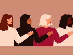 A graphic shows four women with a hand on each other's shoulders
